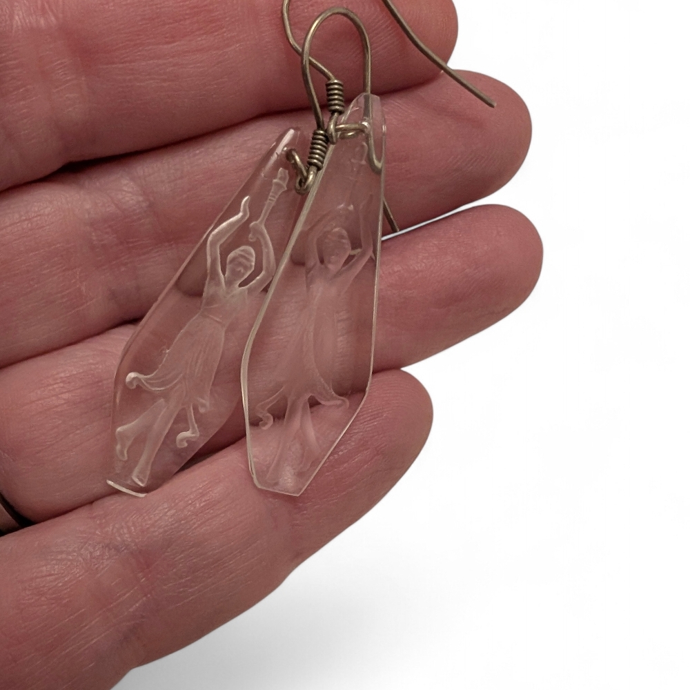 VINTAGE Earrings Isadora Duncan Czech Etched Glass Delicate Dangling - Picture 2 of 8